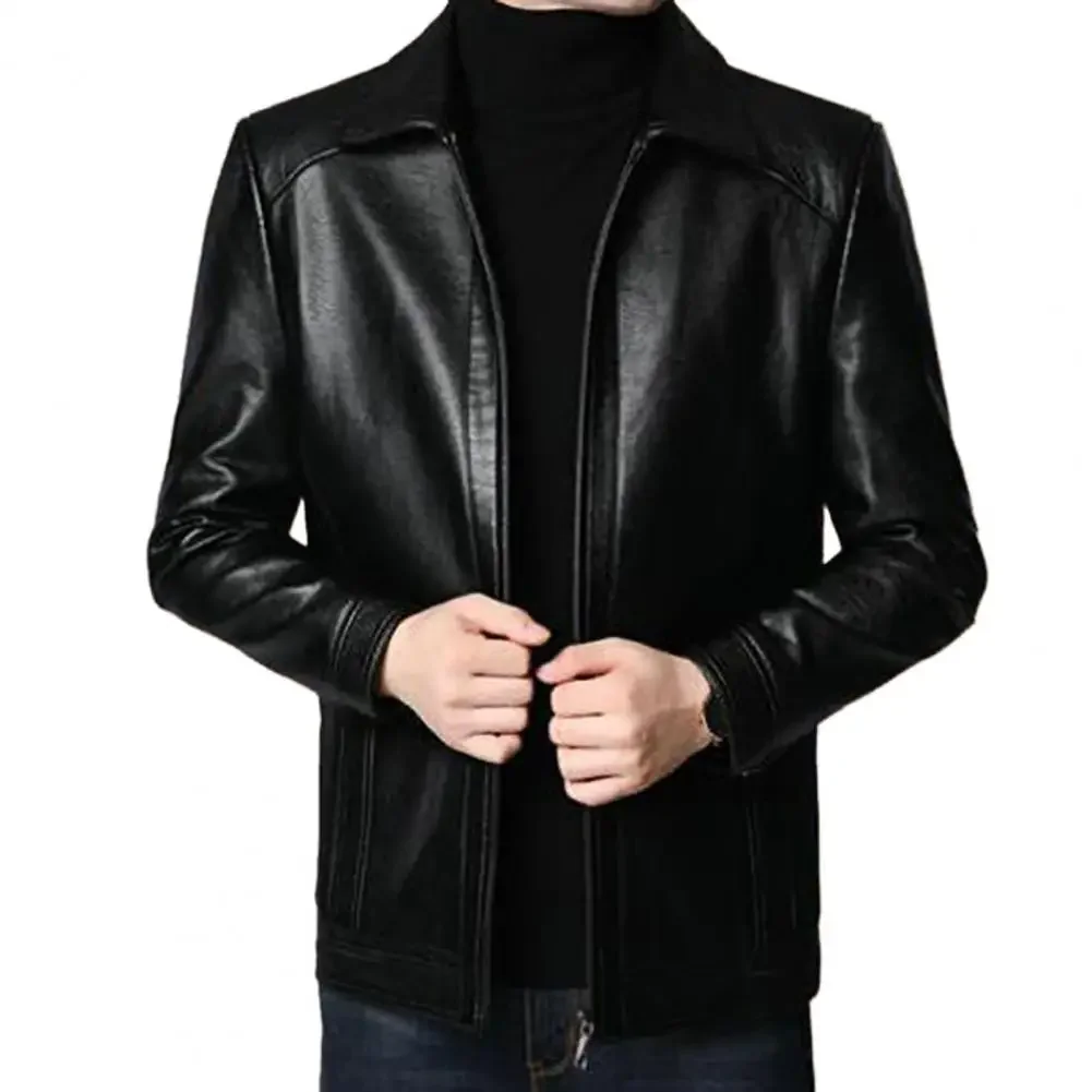 Men Faux Leather Jacket Men\'s Faux Leather Motorcycle Jacket with Stand Collar Thick Warm Lining Windproof Design for Autumn