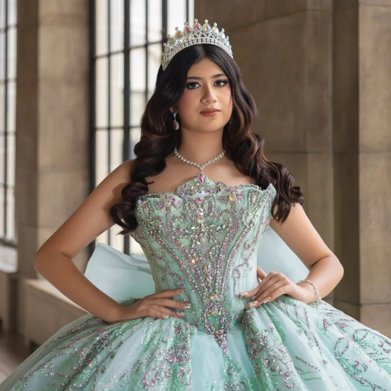 Mint Green Quinceanera Dress Colorful Glitter Crystal Decal Long Tail off-shoulder Tull Bow Vestidos De 15 Quinceanera Customize