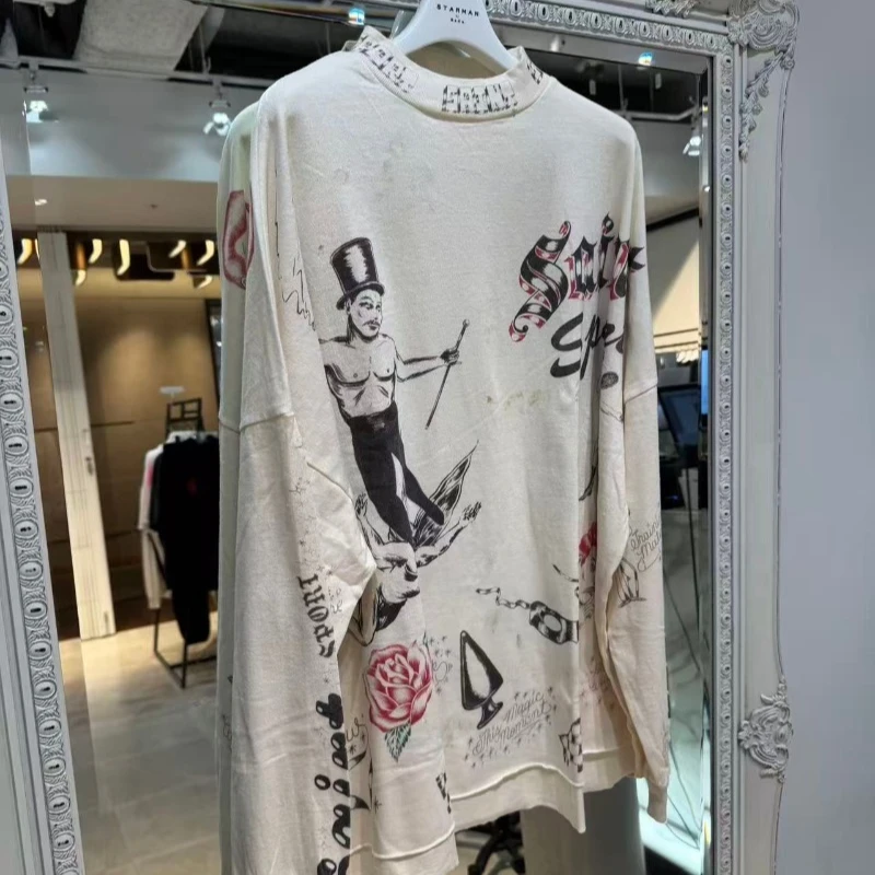 American Retro SAINT Tee Tops Vintage Washed Hip Hop Loose Long Sleeve T-Shirt for Men Women