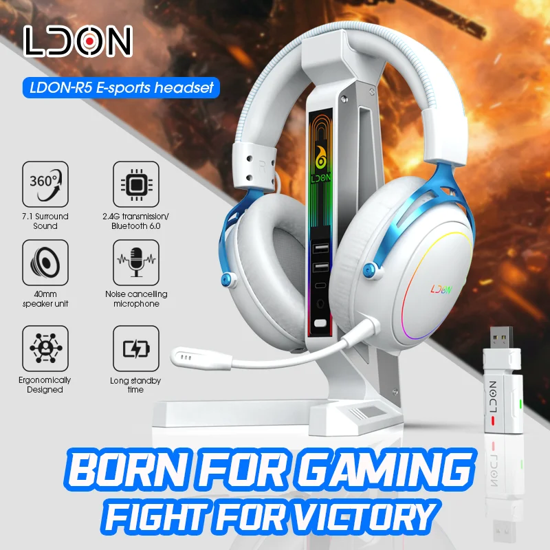 

Игровая гарнитура LDON R5 с тремя режимами подключения, беспроводная Bluetooth 2.4G, накладные наушники для компьютера, объемный звук 7.1, для FPS-игр