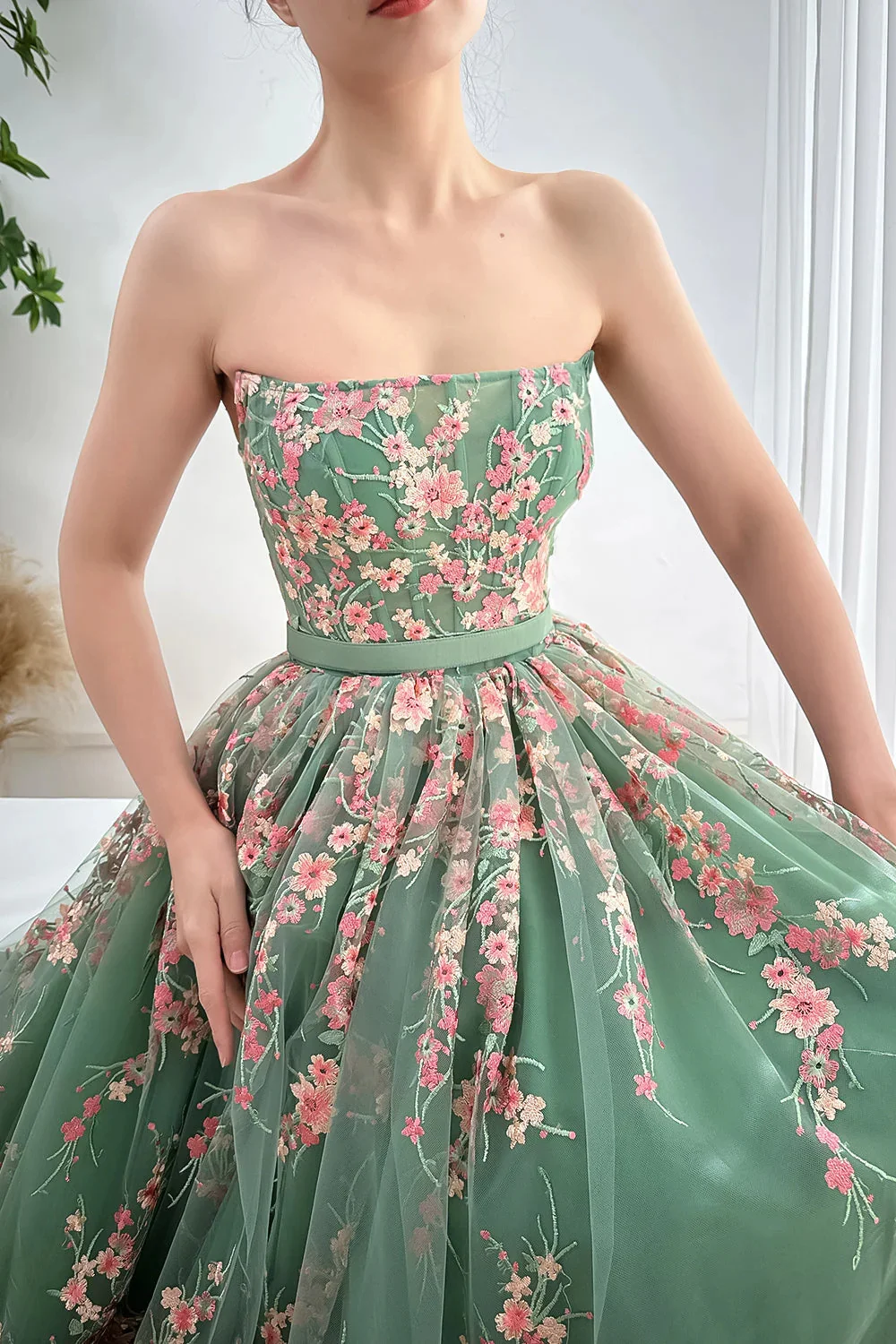 Annie Tulle Green Luxury Prom Dresses Embroidered Floral Fairy Wedding Dress Sexy Off-shoulderCocktail Dresses Vestidos DeFiesta