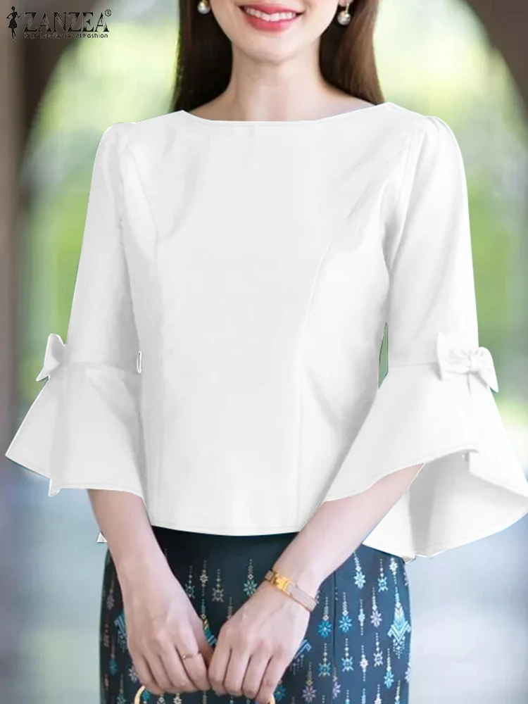 

ZANZEA Women 3/4 Flare Sleeve Blouses Elegant Side-Zipper Fashion Bow Detail Tops 2025 Summer Commute Solid O-Neck Blusas Mujer