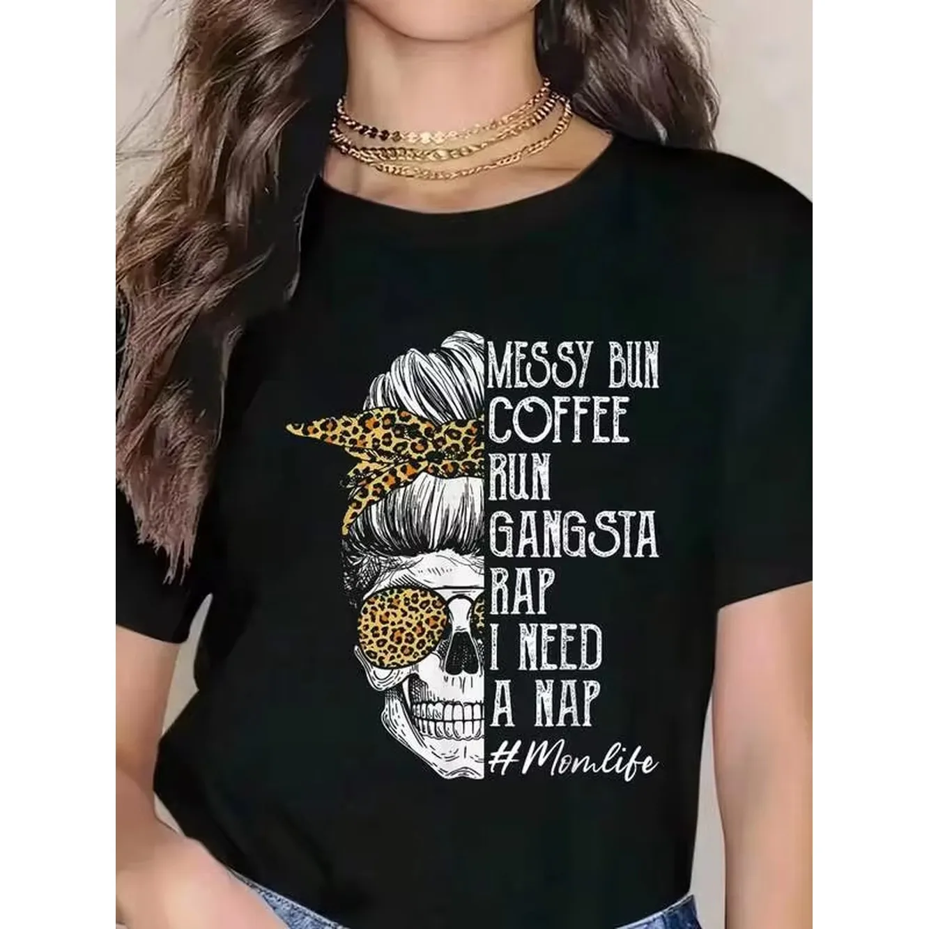 Leopard Skull Lady Mom Life Messy Bun Coffee Run Gangsta Rap T-Shirt Graphic Tee All Season Casual Wear 100% Cotton Breathable And Comfortable