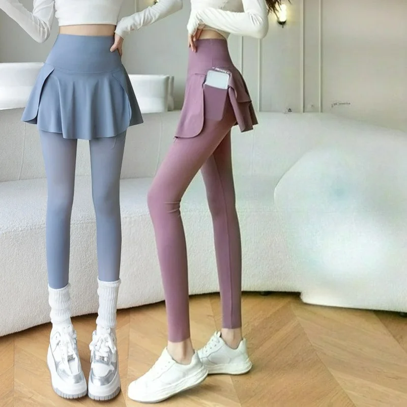 Women Fake Two Pieces Leggings Seamless Fitness Leggings High Waist with Pocket Elastic Slim Fashion Hip Liftting Yoga Pants