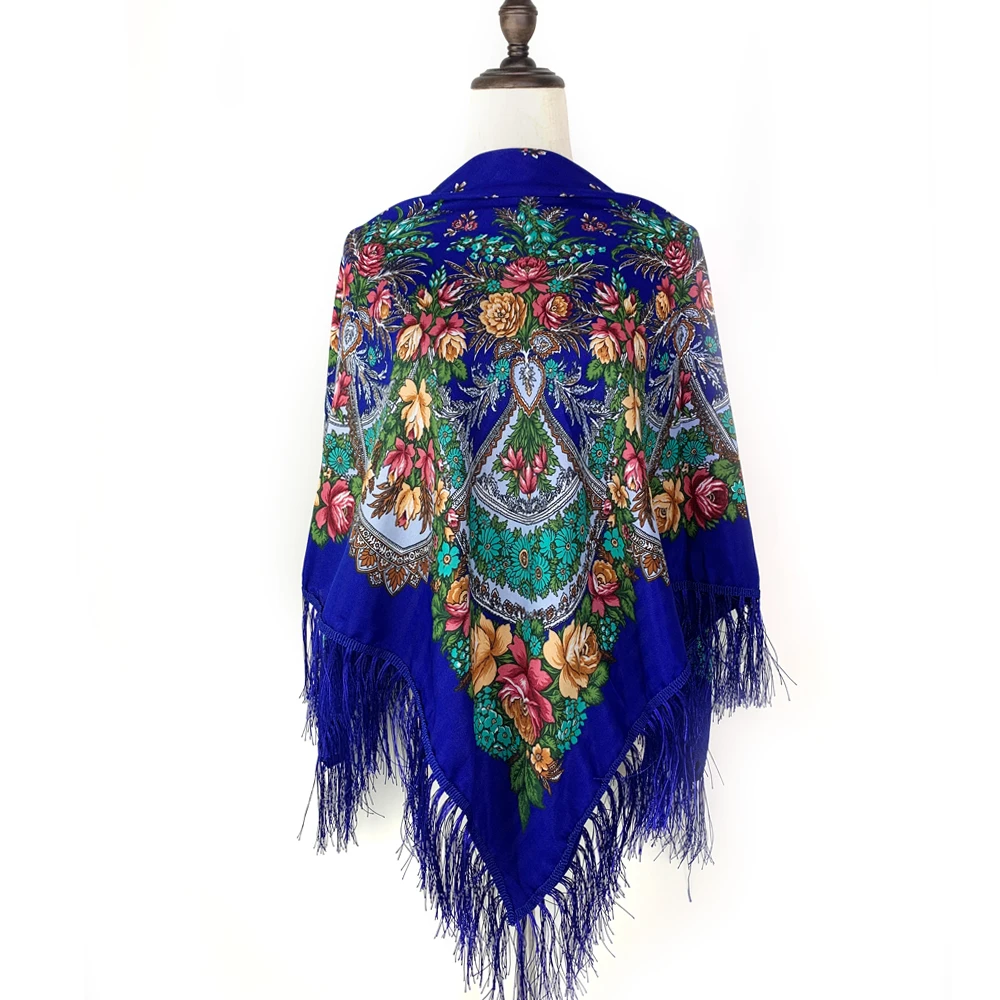 Luxury Floral Print Russian Scarf Women Retro Fringed Square Bandana Scarves Ukrainian Shawl Babushka Handkerchief Head Wraps