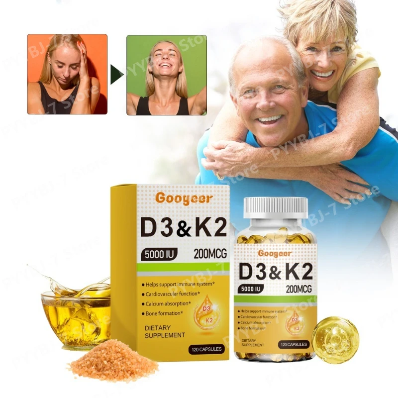 

Vitamin D3 K2 Capsules 5000 IU 200 Mcg Dietary Supplement for Support Immune Bone Health Calcium Absorption for Adults 120count