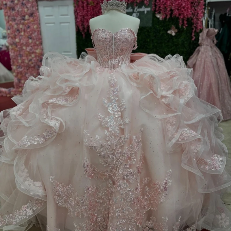 

Light Pink Shiny Quinceanera Dresses Ball Gown Off The Shoulder Applique Lace Beading Crystal Bow Tiered Tull Corset Party