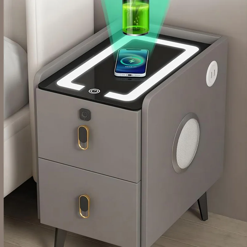 Home Bedroom Furniture Simple Modern Style Storage Wireless Charging Nightstand Panel Mdf Smart Wooden Small Bedside Table
