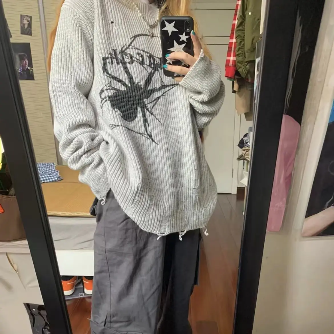 Vintage Tops Grunge Y2k Spider Print Harajuku Thin Sweater Women Gothic Ripped Jumper Streetwear Korean Oversize Hiphop Pullover