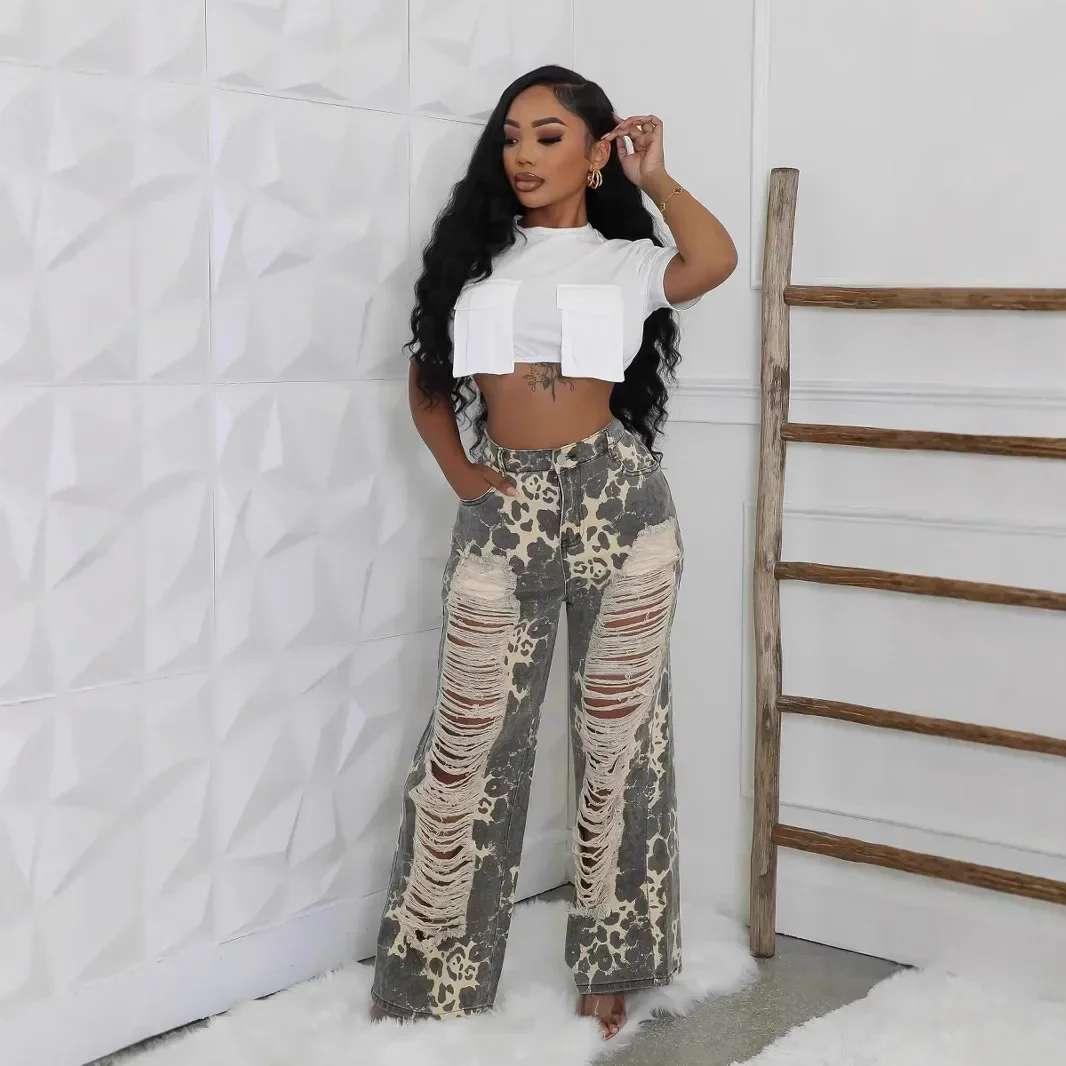 

Street Denim Pants Women Ripped Out High Waist Zipper Jeans Fall Trousers wide leg leopard print Straight Party Pants