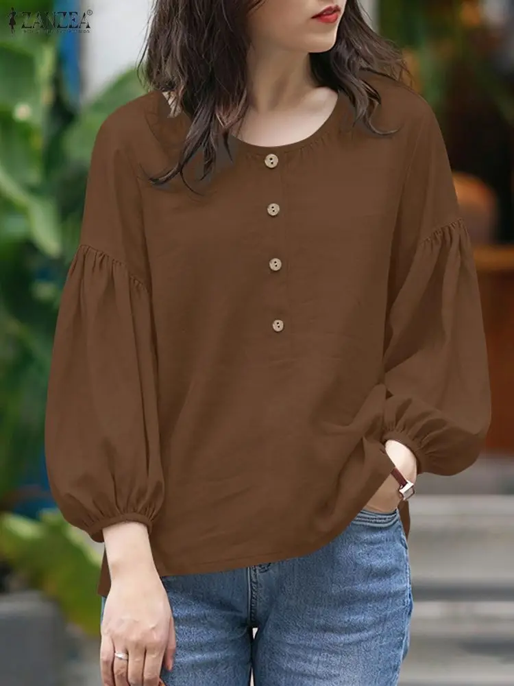 2026 ZANZEA Elegant 3/4 Lantern Sleeve Blouse Autumn Summer Women Tops Casual Solid Work Shirt Female O Neck Buttons Dwn Shirts