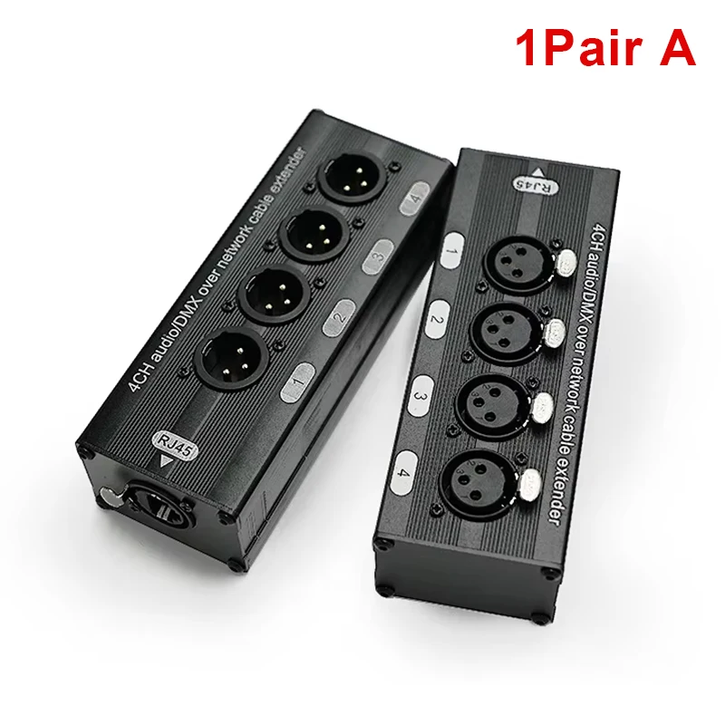1 paar 4-kanaals 3-pins XLR of 6,3 mm audio en DMX over netwerkkabelverlenger, DMX512 netwerksignaalverlenger mannelijk + vrouwelijk