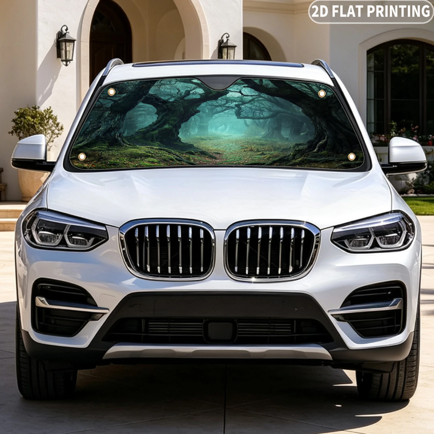 1pc Universal Car Windshield Sunshade, with Mystical Forest Pathway Sunshade Print 2D FLAT Printing Design, 4 Suction Cups