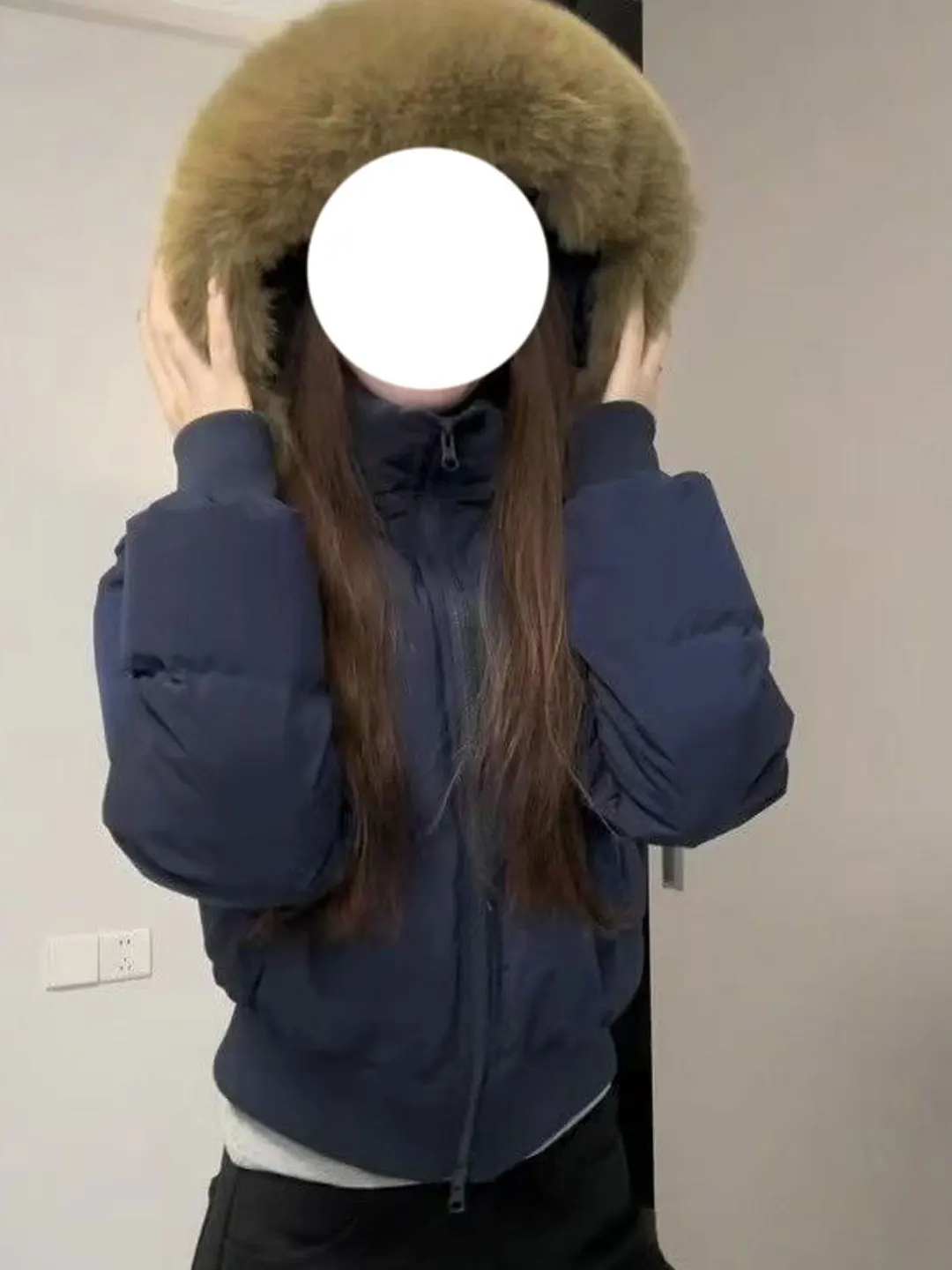 

Thiened Winter Cotton Jaet American Sle Retro Hat with Fur Collar ort Bread Coat Warm Blue for Women Commute Wear