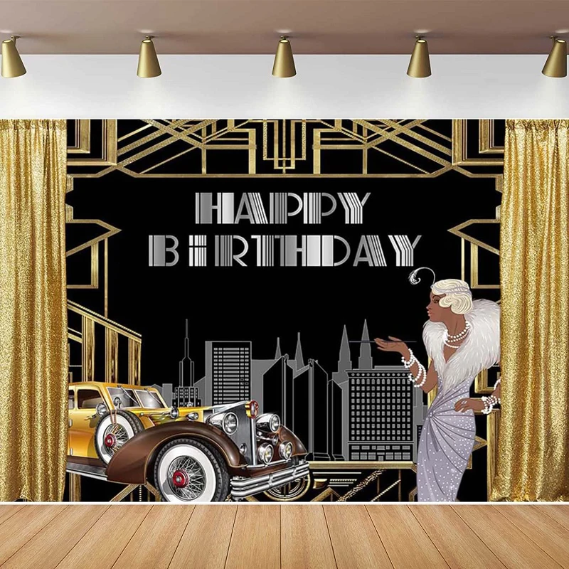 

Photography Backdrop Great Woman Happy Birthday Gatsby Themed Cake Table Photo Background Gold Curtain Retro Car Buildings Shoot