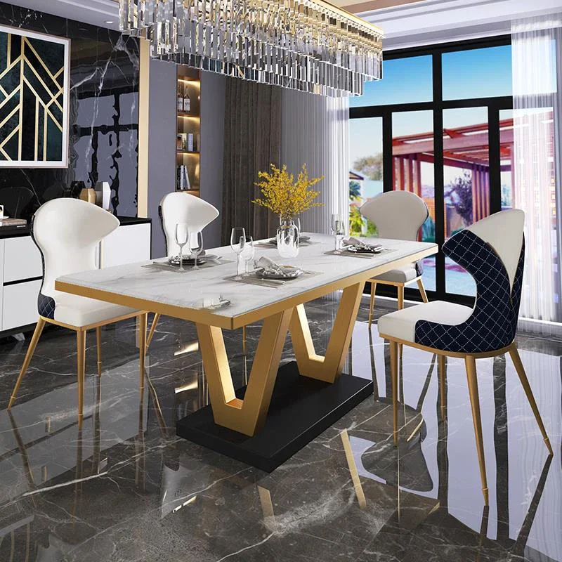 

Large Family Dining Table 8 Person Villa Hotel Luxury Glossy Table Marble Stainless Steel Frame Mesa De Jantar Home Furniture