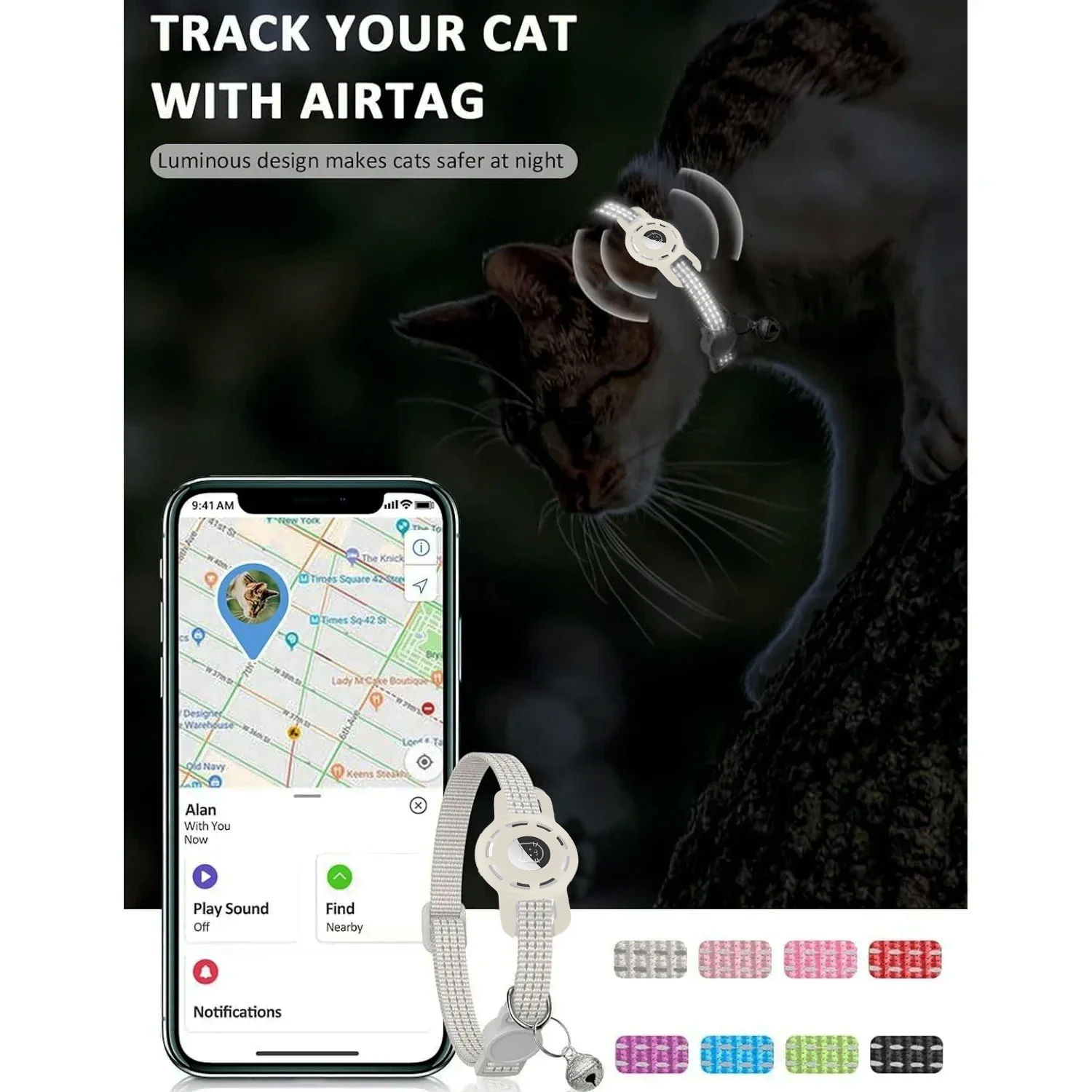 for Apple AirTag Cat Collar with Traker Case, Reflective Kitten Collar Breakaway with Bell for Girl Boy Cats Cat Accessories - view 4
