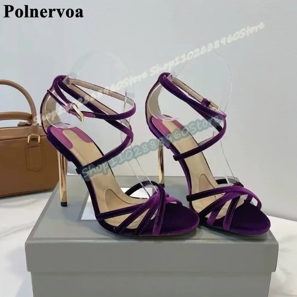 

Purple Suede Narrow Cross Strips Sandals Metallic Thin High Heel Women Shoes Ankle Buckle Strap Open Toe Gorgeous Banquet Shoes