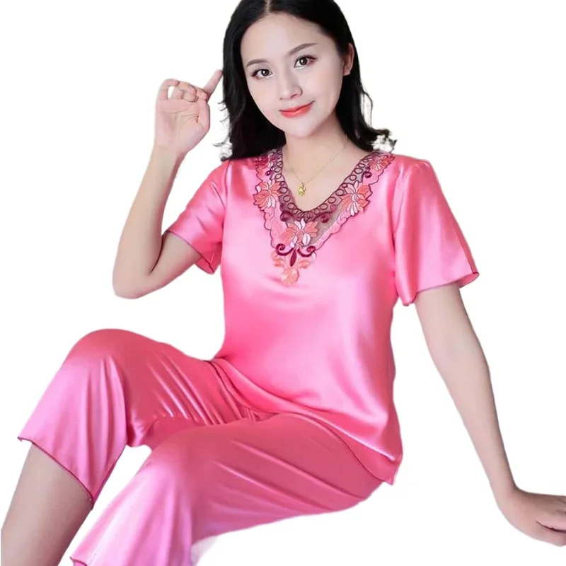 

Sleepwear Female Satin 2 Piece Set Solid Women Pajamas Loose Pants Casual Home Suit Sets Nightwear20a2-2