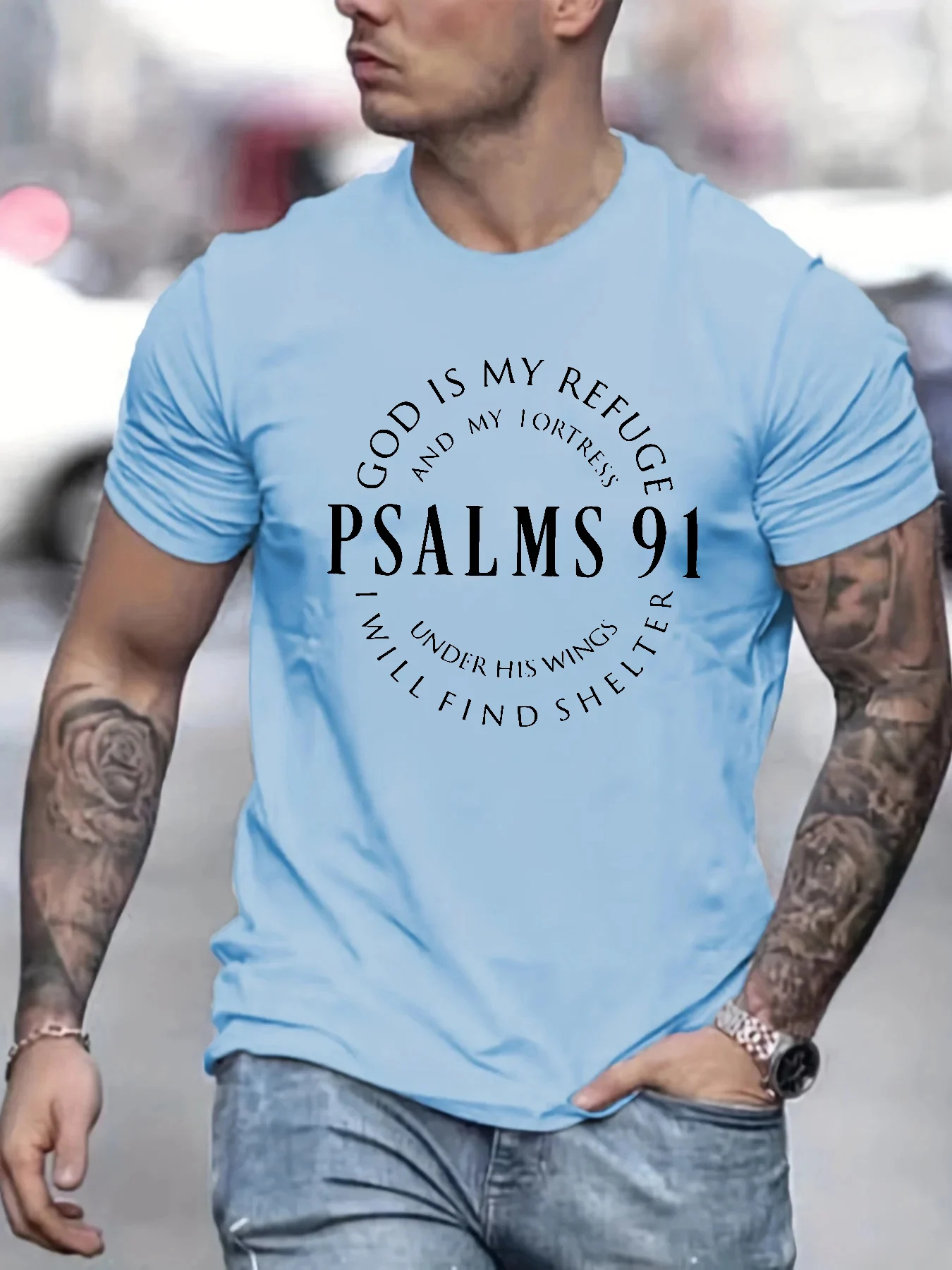Men\'s 100% cotton summer loose fit Trendy Letter Psalms 91 Letter Ring Pattern print casual round neck short sleeved T-shirt