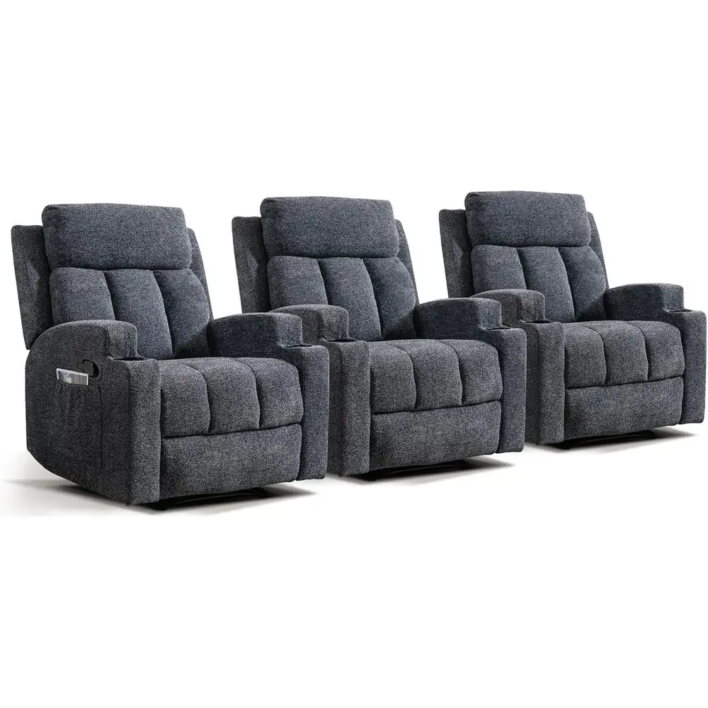 

3-Piece Fabric Recliner Chairs for Adults, Comfortable Reclining with Padded Arms and Back, Ideal for Living Room in Grey