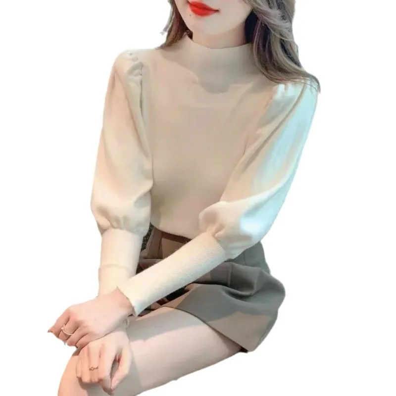 2025 nuevo suéter Casual de Otoño Invierno, jerséis básicos ajustados, moda coreana, Top de punto con mangas abullonadas, suéter para mujer, jerséis elásticos