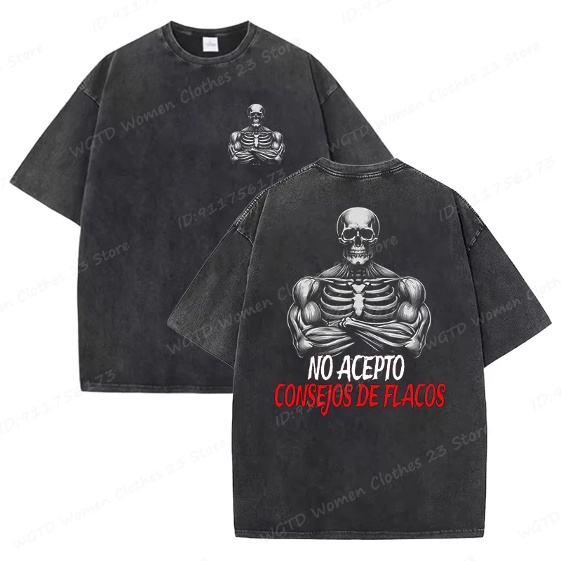 Calacas Chidas Gym Washed T-Shirts Men's Trendy Cool Skeleton & Gym Print Oversized Tshirt Summer Tees Streetwear Casual Tops image 5
