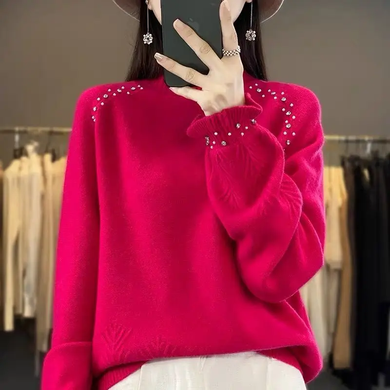 

Lazy Sweater Women Autumn Winter 2025 New Turtleneck Pullover Beading Heavy Industry Coat Loose Knitwear Bottoming Top Female
