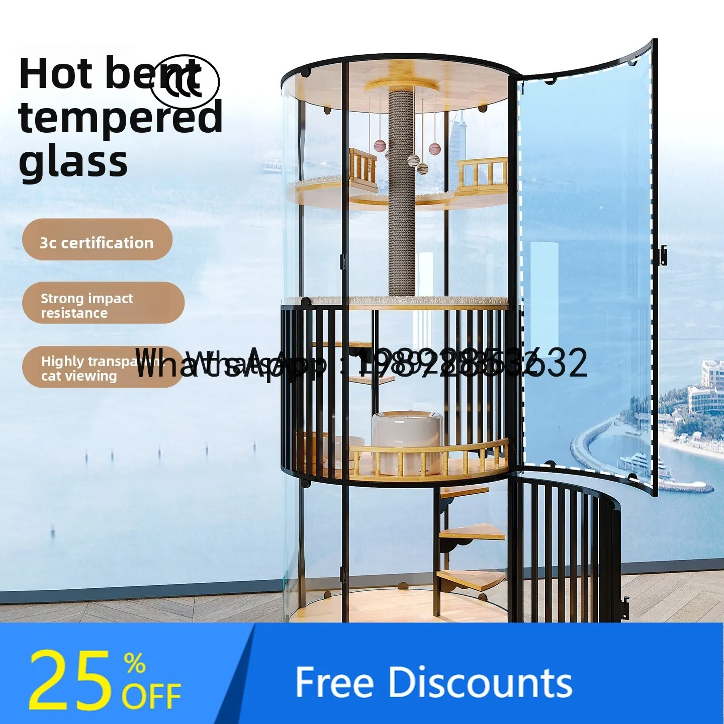 F2 360 Panoramic Cat Villa Glass Rotating Luxury Solid Wood Cat House with Toilet Cat Cage for Home Use Extra Large