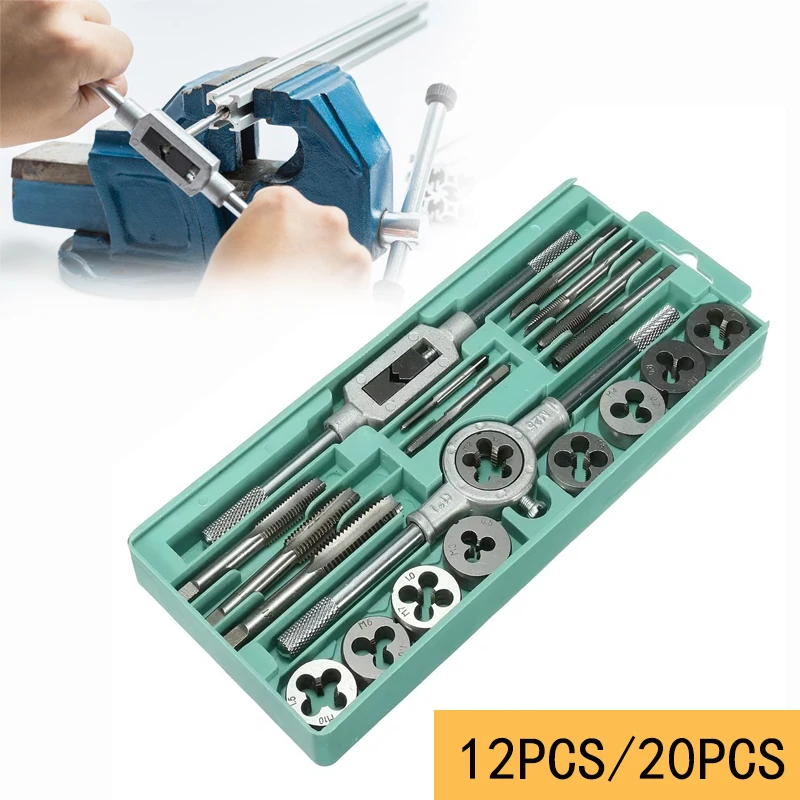 

12/20Pcs Multifunction Tap and Die Set M3-M12 Metric Screw Thread Plugs Hand Screw Taps Straight Taper Tapping and Thread Tools