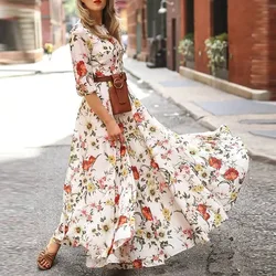 Spring Summer Vintage Flower Floral Print Maxi Dress Office Lady Fashion Elegant Long Sleeve O-neck Dresses For Women 2024