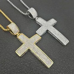 Stainless Steel Cross Pendants Necklaces Gold Color CZ Stone Paved Bling Iced Out Hip Hop Rapper Jewelry with 24