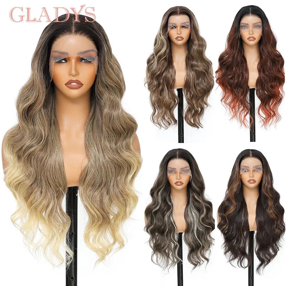 

Синтетические парики фронта шнурка 13x4 30-дюймовые длинные объемные волны парики 300 грамм Omber Bug Brown Термостойкие свободные глубокие парики шнурка