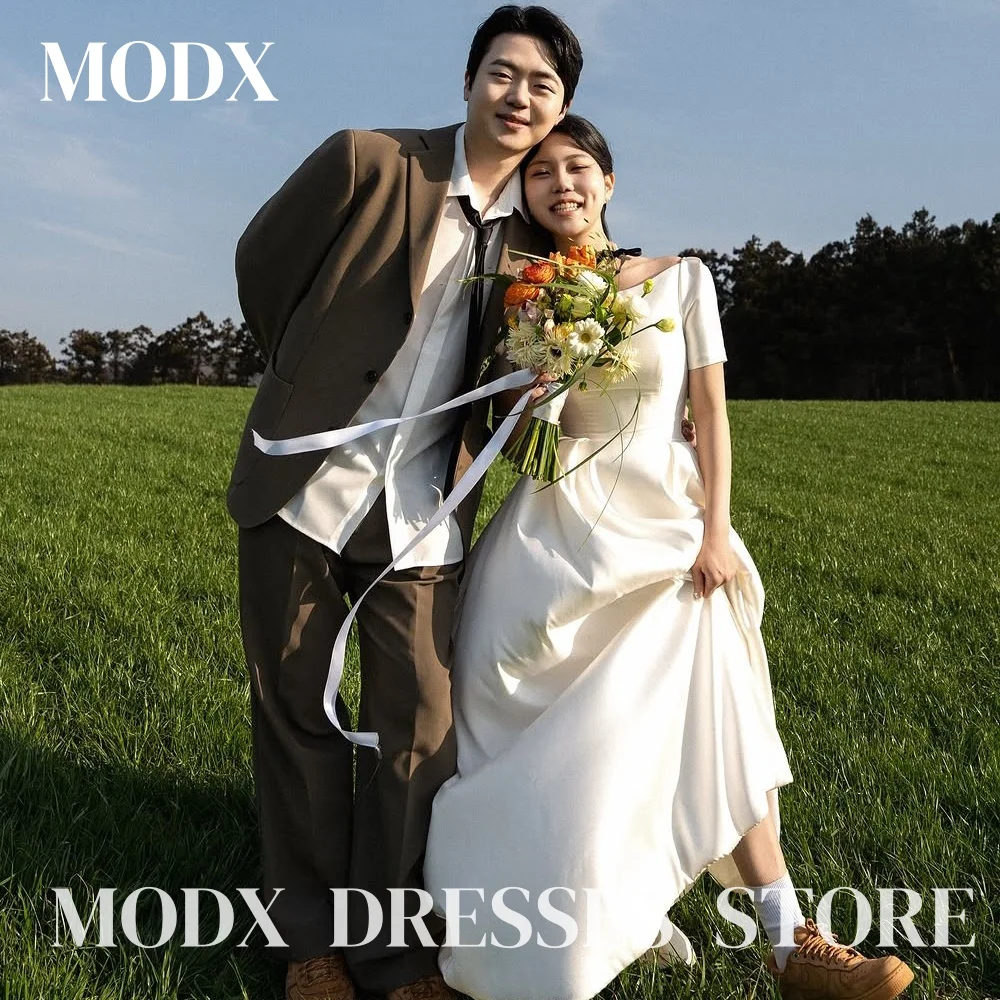 

MODX Elegant A-line Short Sleeves Wedding Dresses Scoop 웨딩드레스 Satin Korea Photoshoot Floor-Length Customised Bride Gown 2025