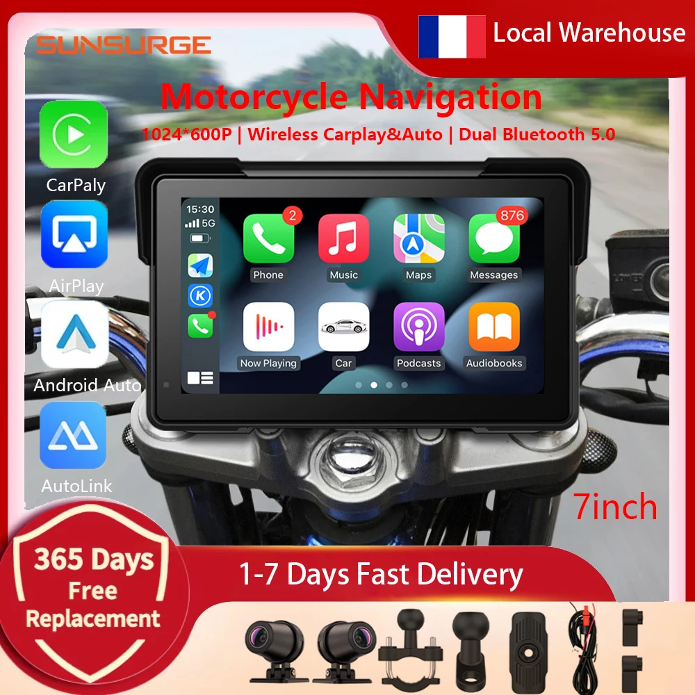 Sunsurge, monitor portatile per moto con schermo da 7 pollici, compatibile con Carplay, dotato di navigatore GPS, connettività wireless Carplay e Android Auto, resistente all’acqua (IPX8), con display