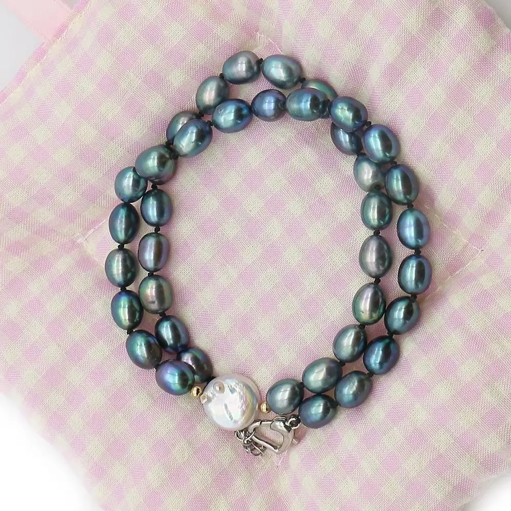 Collar de perlas de arroz de agua dulce Natural, teñido de perla barroca y disco blanco, espaciador empalmado de perlas, joyería para el cuello con cuentas, 1 hebra