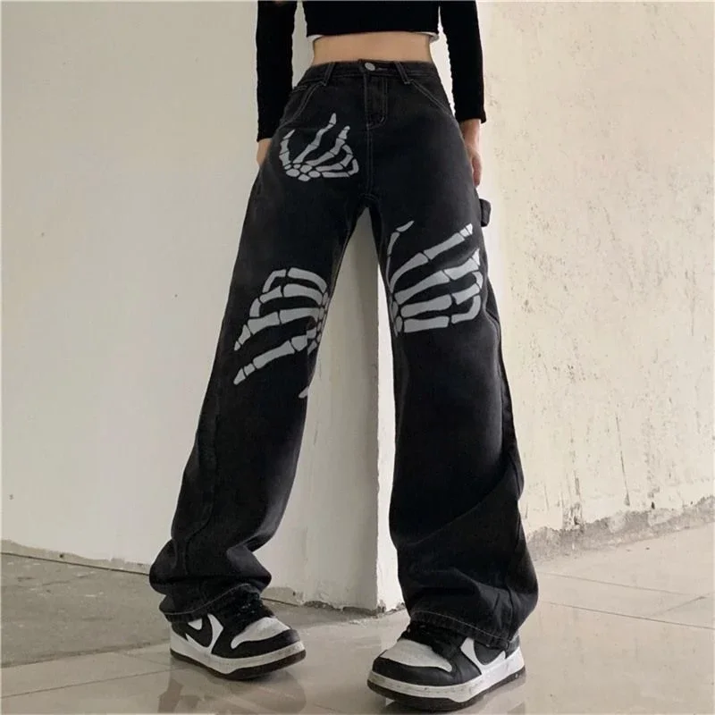 Najlepiej sprzedające się Retro ręka z czaszką dżinsy Streetwear Baggy Slouchy Jeans odzież damska Y2k wysokiej jakości luźna prosta szeroka nogawka