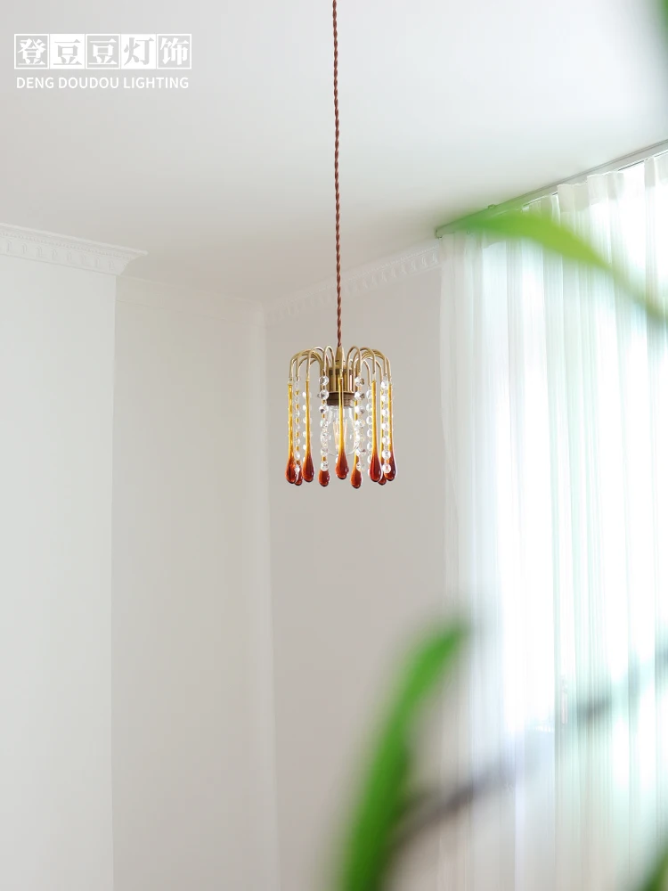 

American retro romantic brown water droplet glass chandelier bedroom bedside dressing room crystal pendant light