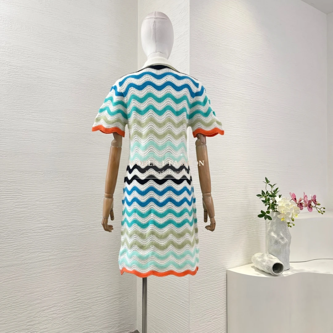 

White Colorful Stripes Knit Short Sleeve Mini Dress 2025 New