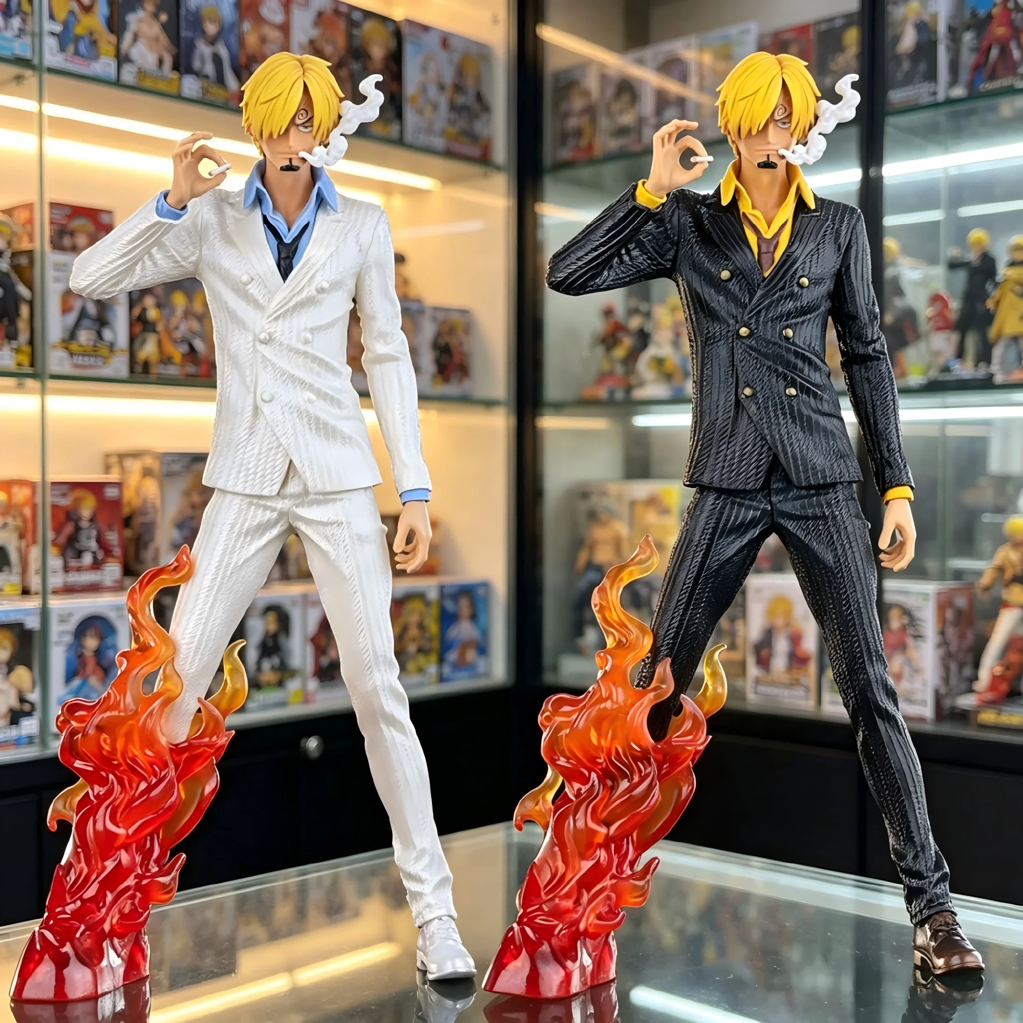 One Piece Vinsmoke Sanji Collectible Figure, Devil Kick Orange‑Flame Statue Model, Black White Suit Option,Birthday Present