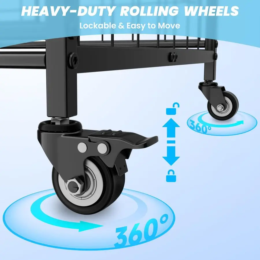 スポーツ用品オーガナイザー、ガレージボール収納ラック（バスケットとフック付き）、頑丈なホイール付きローリングボールカート（おもちゃ収納用）