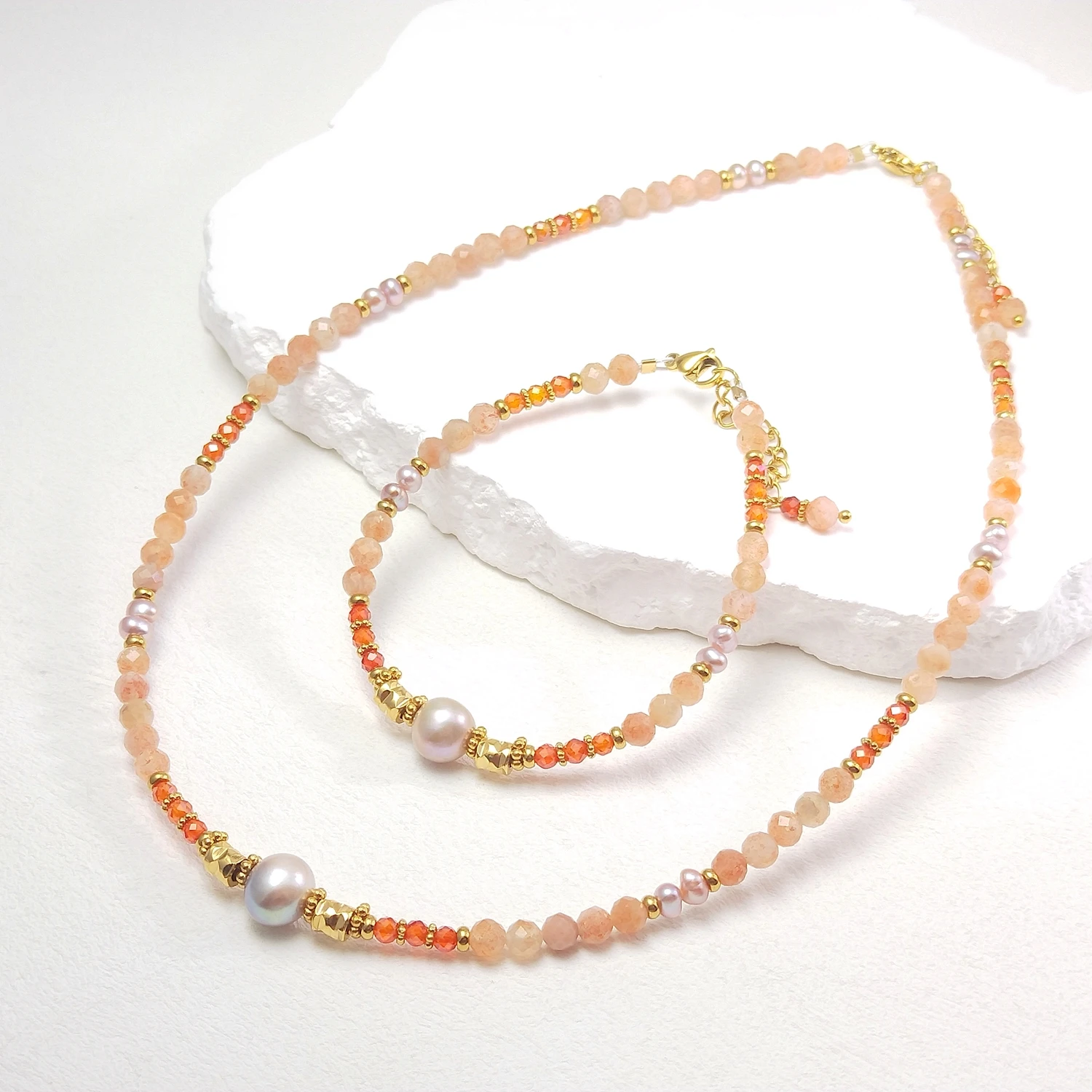 Lii Ji 4mm Sunstone Orange Zircon With Freshwater Pearl Gold Stainless Steel Necklace 40+3CM / Bracelet 17+3cm