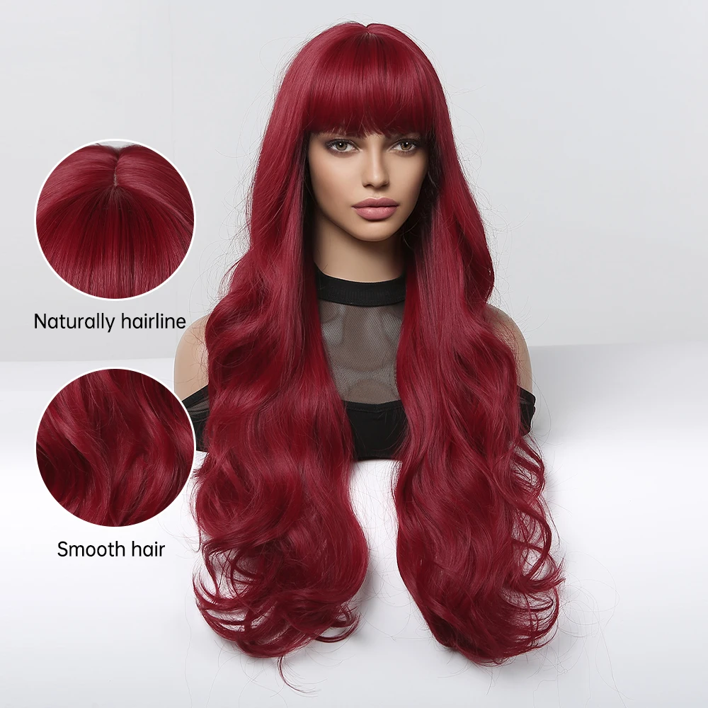 ALAN EATON Red Long Water Wave Hair Wig Natural Looking Synthetic Wigs with Bangs for Black Women Party Halloween Heat Resistant