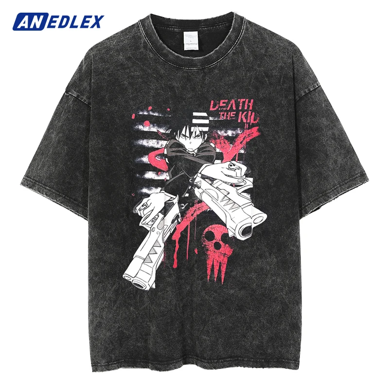 

Men Streetwear Vintage Washed Black T Shirt Anime Boy Gun Print T Shirt Summer Cotton T-Shirt Hip Hop Harajuku Tops Tees