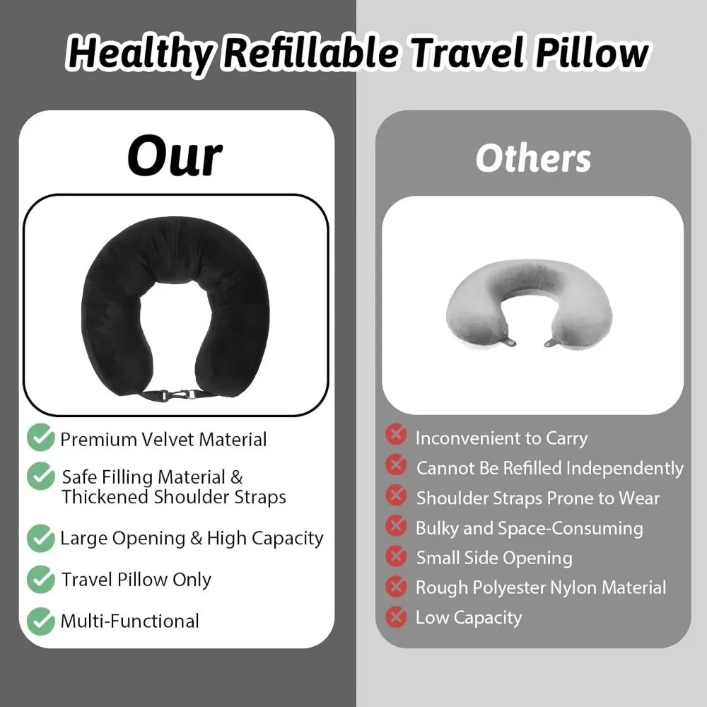 Portable Travel Neck Pillow Solid Color Fillable Storage Bag Pillow Crystal Fleece with Strap Travel Bag Pillow Travel Use
