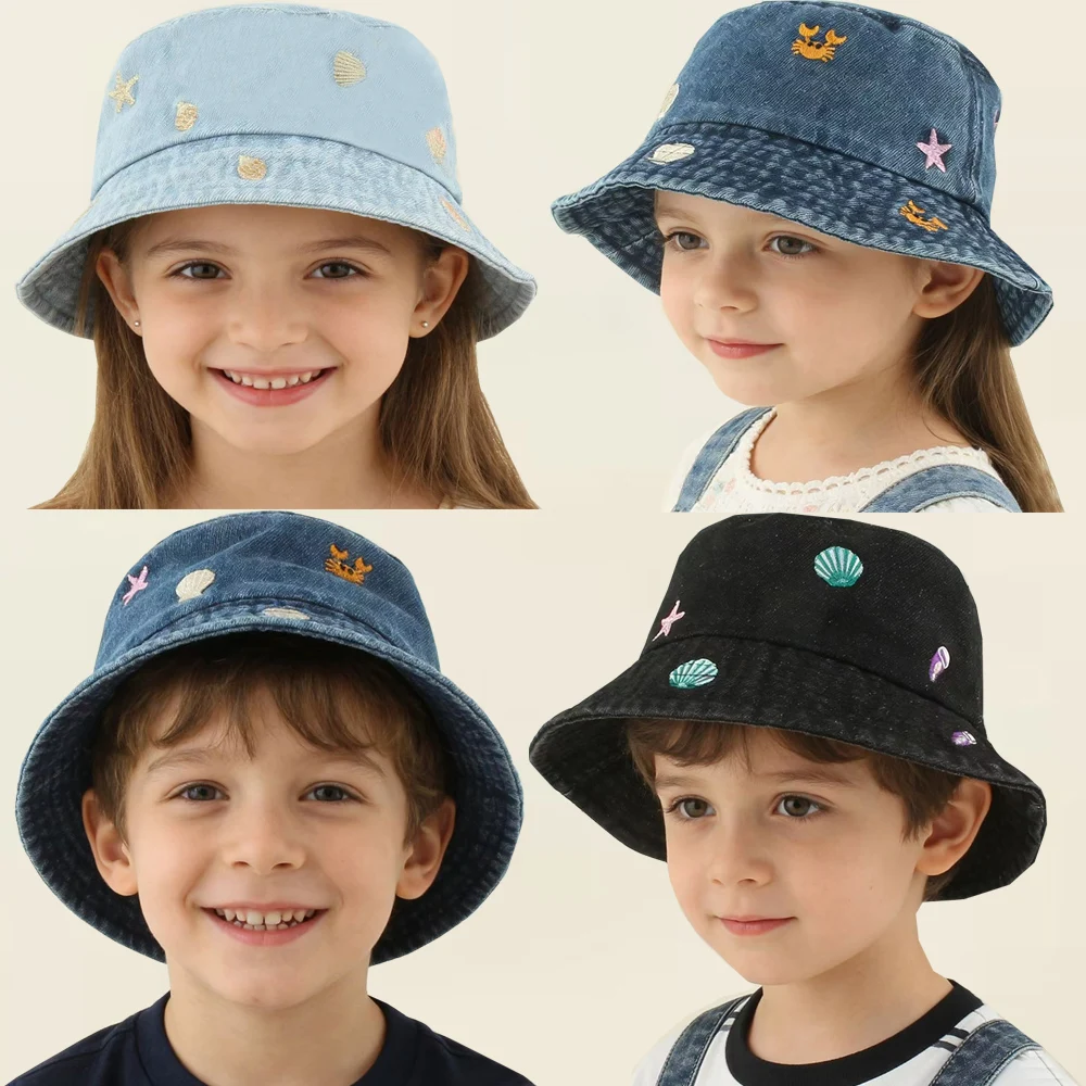 

2026 Baby Cute Shell Starfish Crab Embroidery Denim Bucket Hat For Kids Summer Sun Hat Girls Boys Cowboy Fishman Cap Children