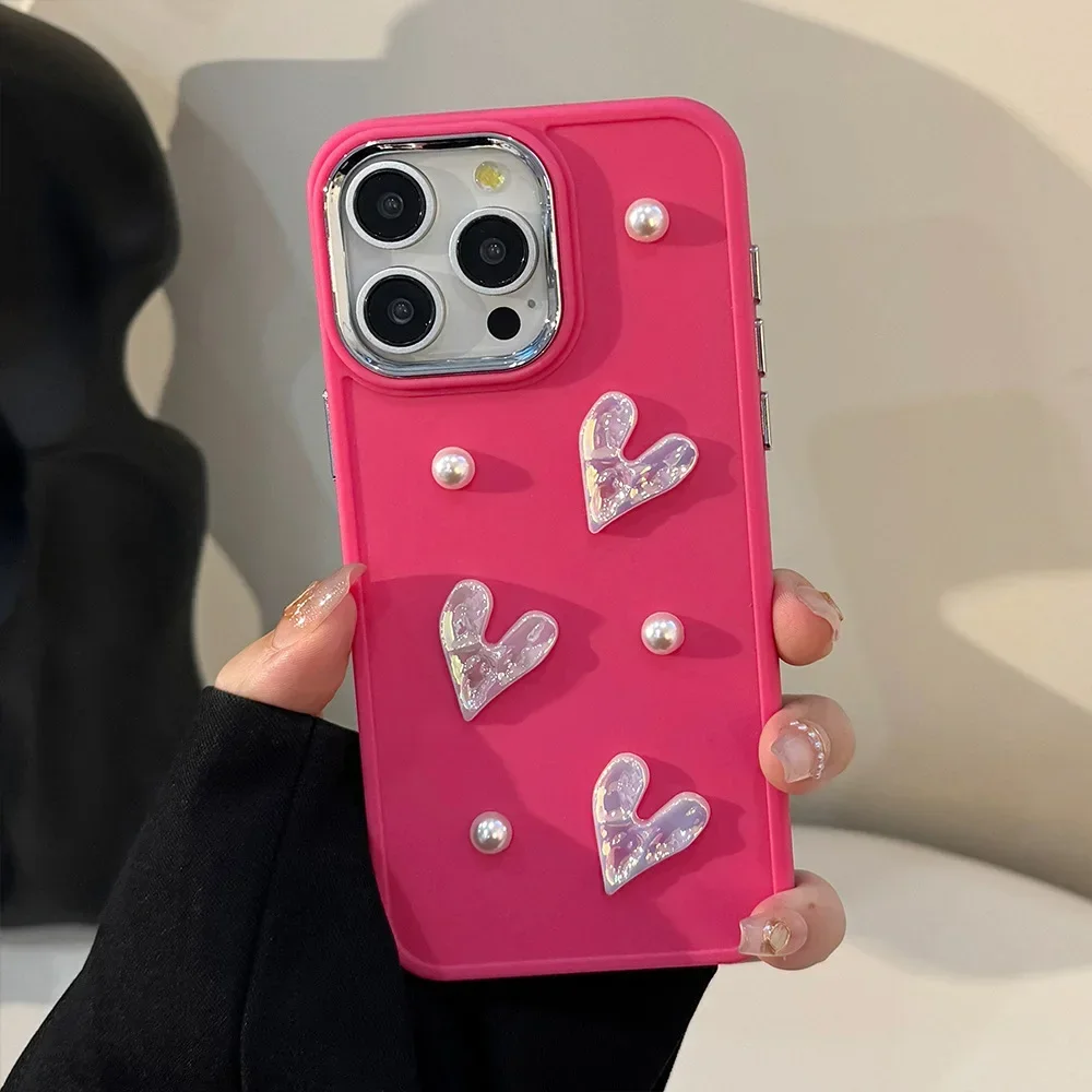 3D Pink Love Heart Pearl Phone Case for IPhone16 15 14 12 13 11 Pro ProMax Mini Plus X XR Shockproof Phone Cover