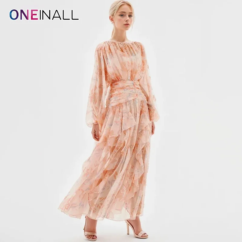 ONEINALL Elegant Spliced Ruffles Folds Dresses For Women Round Neck Lantern Sleeve High Waist Sheer Hit Color Print Dress Female