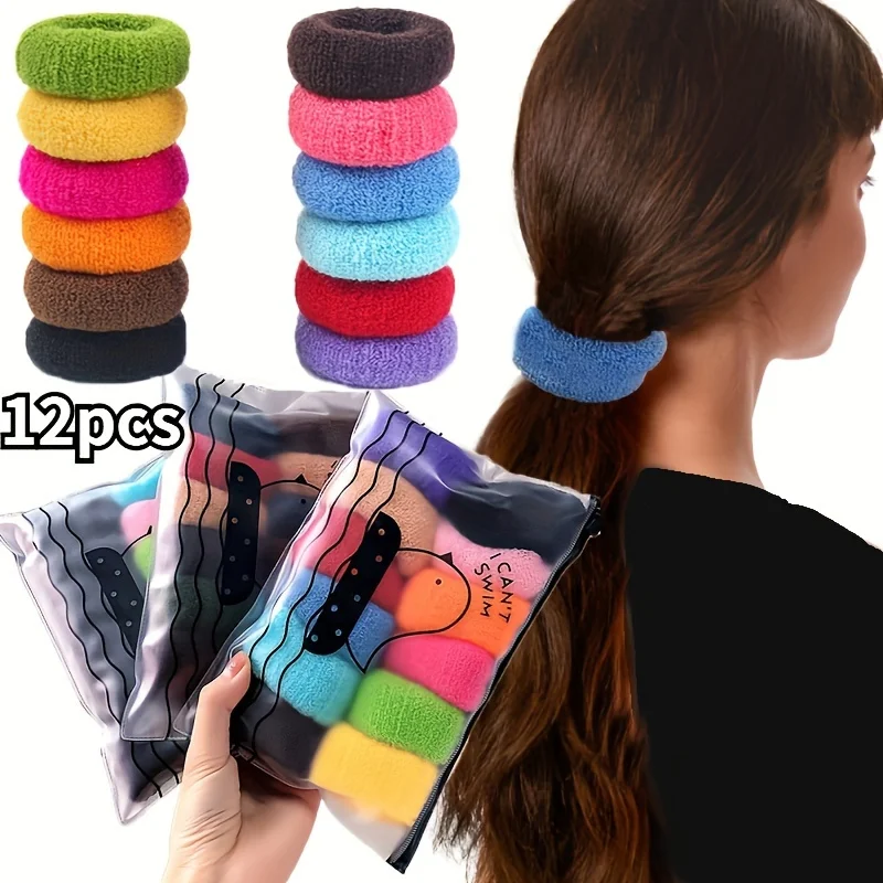 12pcs Large Stretch Thick Hair Ties For All Hair Types Seamless Terry Cloth Elastics Ponytail Holders Hair Accessories No Damage