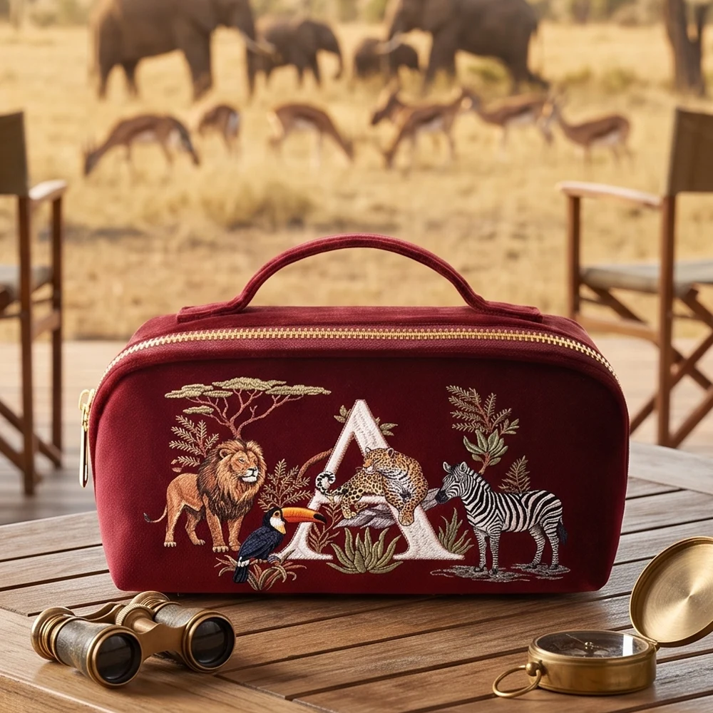 ネイビーのベルベット製コスメティックバッグ。ゴールドのファスナー付き。旅行用メイク収納に最適。刺繍風のデザイン。旅行用オーガナイザー。